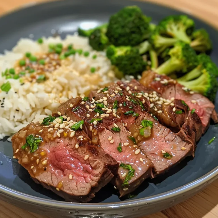 Primer plano de un plato con carne de res y brócoli, presentado de manera apetitosa.