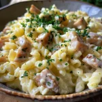 Nahaufnahme von Risoni in Zitronensauce mit frischem Spinat.