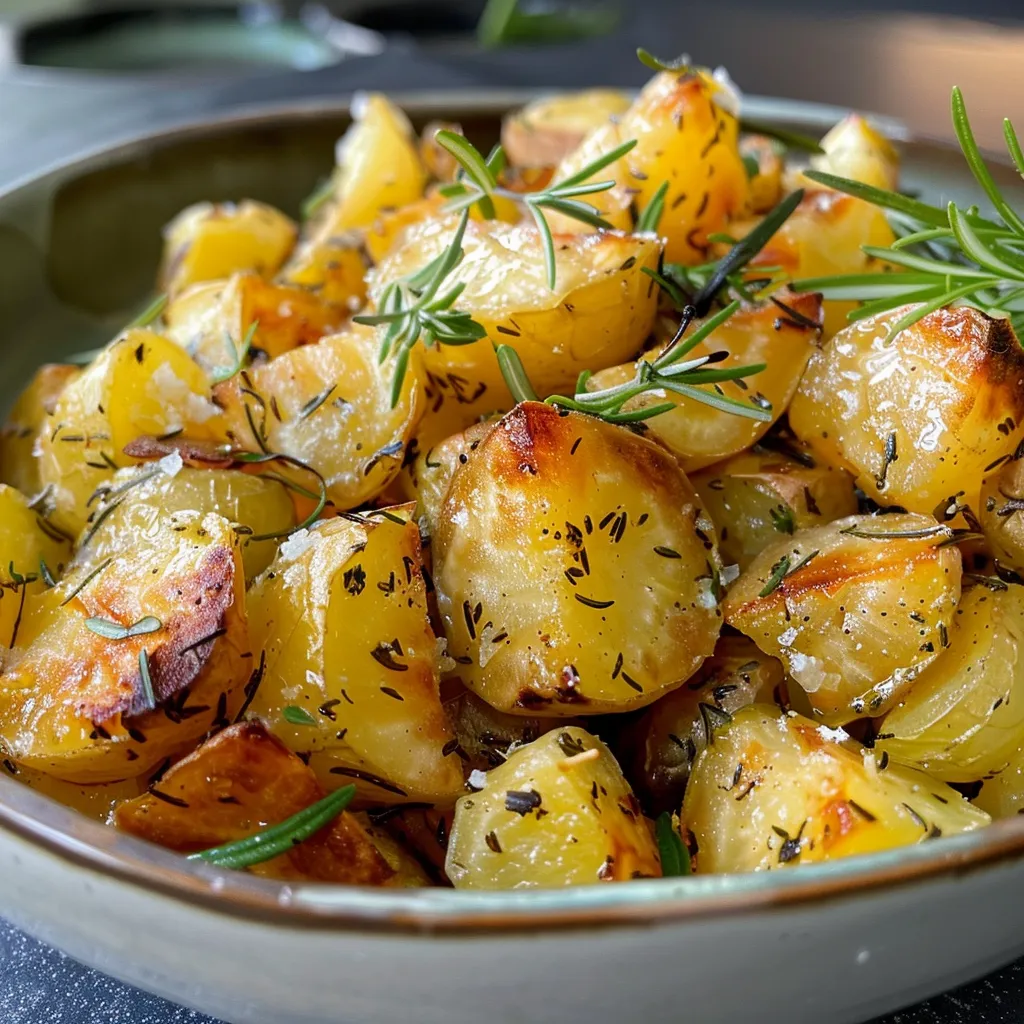 Seiteansicht einer Schale mit gebratenen Kartoffeln, dekoriert mit frischem Rosmarin.