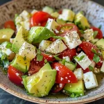 Ensalada de aguacate con tomates pequeños y feta, vista lateral.