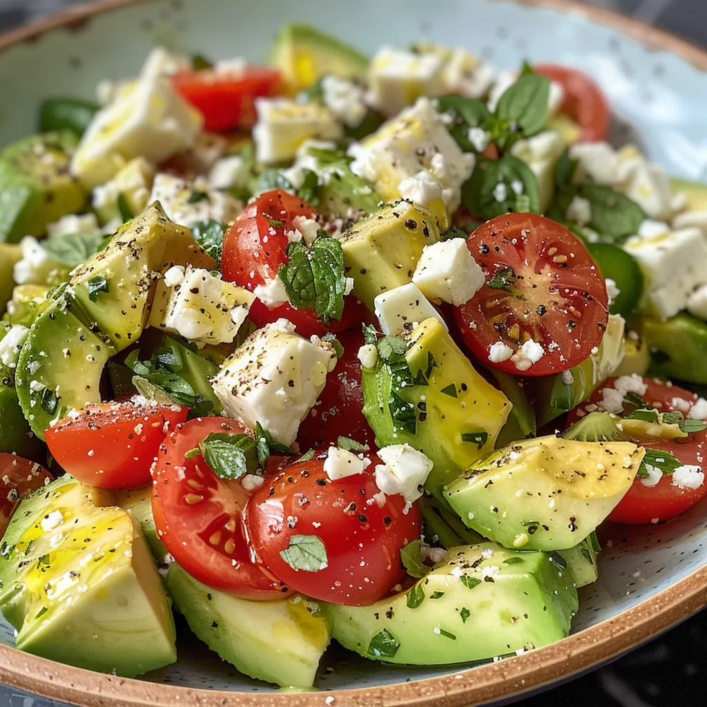 Primer plano de una ensalada de aguacate con ingredientes frescos, vista lateral.