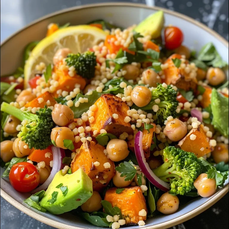 Tazón de batatas y garbanzos con ingredientes frescos visibles.