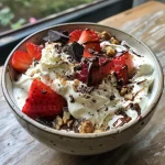Tazón de yogur griego con fresas y trozos de chocolate.