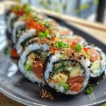 Nahaufnahme einer Thunfisch-Reis-Schüssel mit frischen Zutaten.
