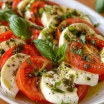 Nahaufnahme eines Tomaten-Mozzarella-Salats mit frischem Basilikum.