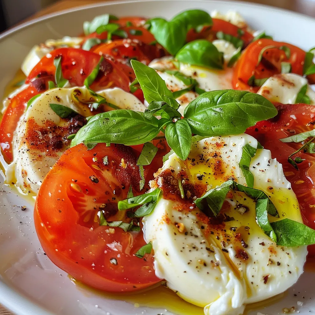 Seiteansicht eines bunten Tomaten-Mozzarella-Salats auf einem Teller.