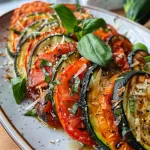 Un apetitoso gratinado de calabacín y tomate, con capas de ingredientes frescos.