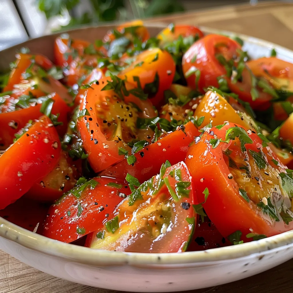Vista lateral de una ensalada colorida con tomates y cebolla.