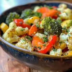 Nahaufnahme von geröstetem Gemüse mit Knoblauch, bunt und appetitlich.
