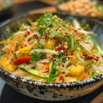Nahaufnahme eines grünen Mangalsalats mit Garnelen, frischen Zutaten und bunten Farben.
