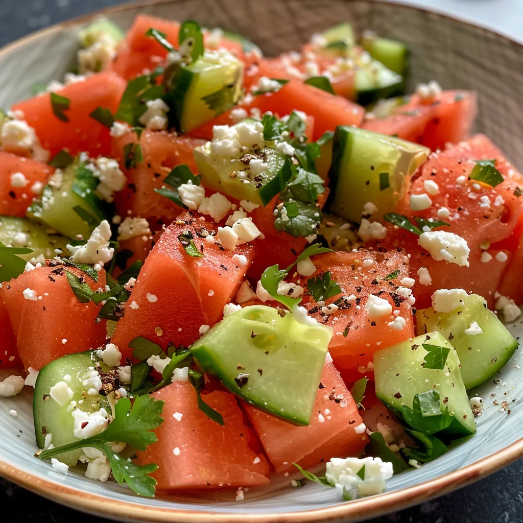 Seiteansicht eines frisch zubereiteten Wassermelonen-Feta-Minze-Salats mit leuchtenden Farben.