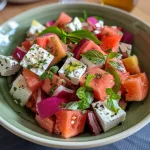 Nahaufnahme eines Wassermelonen-Feta-Salats mit frischen Zutaten.