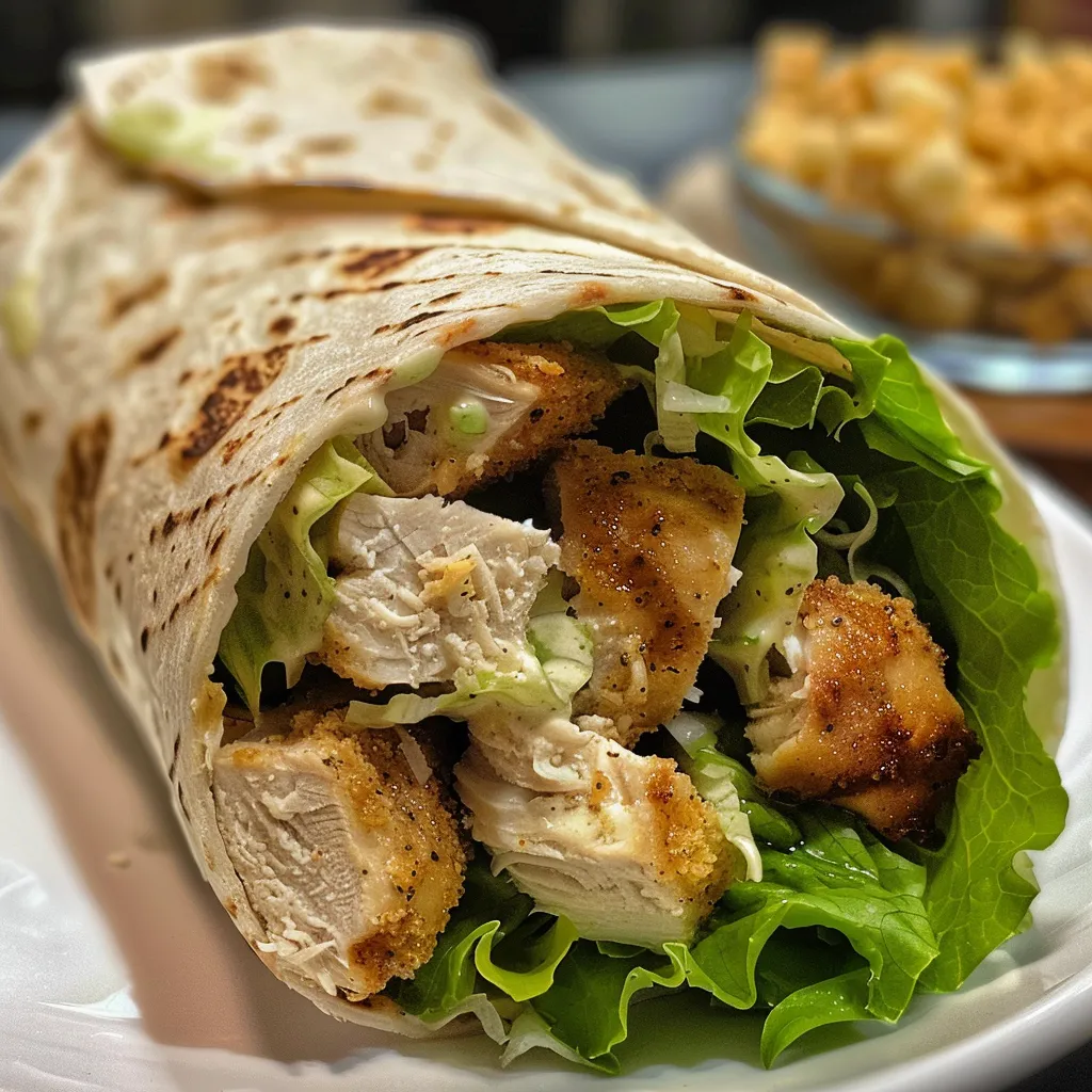 Seiteansicht eines saftigen Chicken Caesar Wraps auf einem Holzbrett.