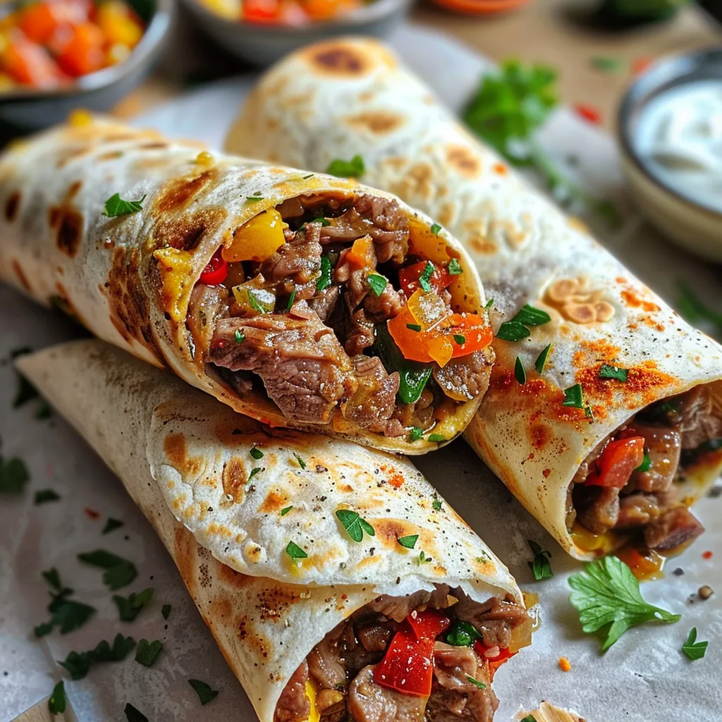 Seitenansicht von leckeren Wraps gefüllt mit Rinderhackfleisch und Gemüse.
