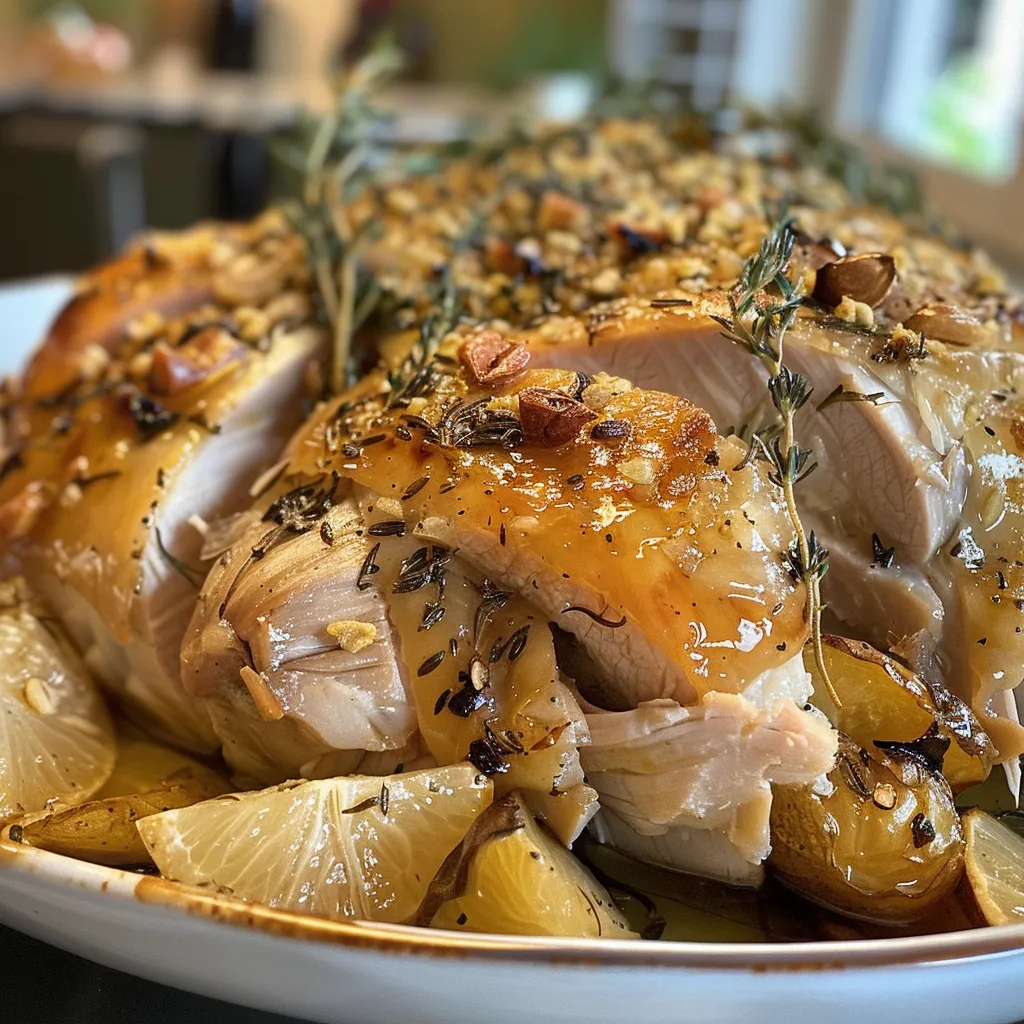 Primer plano de un plato de Zitronenkräuterhuhn y arroz en una olla de cocción lenta.