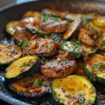 Primer plano de una sartén con Zucchini y carne picada, mostrando colores vibrantes.