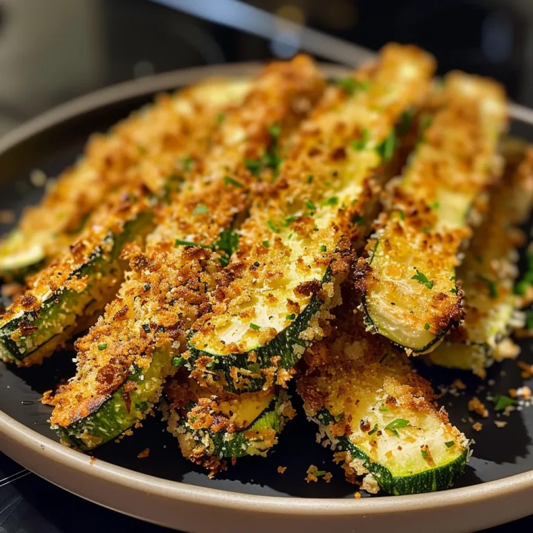 Palitos de calabacín crujientes en un plato, cocidos en una freidora de aire.