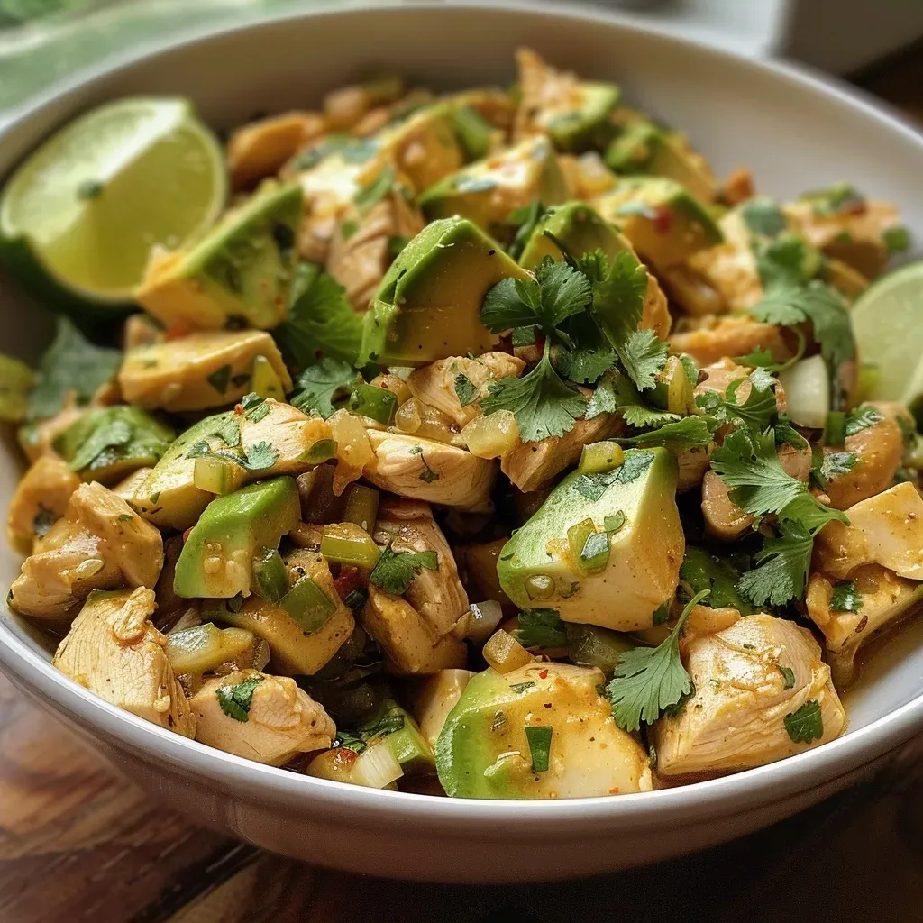 ['A vibrant close-up of a bowl filled with Aguacate con Pollo, showcasing diced avocados and shredded chicken.', 'A side view of a delicious Aguacate con Pollo, featuring fresh ingredients like avocado and chicken.', 'Juicy Aguacate con Pollo presented in a bowl, highlighting the green avocados and tender chicken pieces.', 'Close-up of Aguacate con Pollo, with visible chunks of avocado, chicken, and colorful vegetables.']