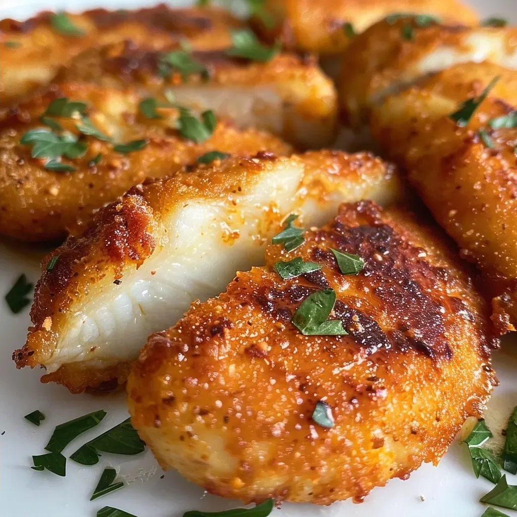 ['Close-up of crispy air-fried chicken breast fillets garnished with herbs.', 'Juicy air-fried chicken highlighted with spices, presented from the side.', 'Side view of golden-brown air fryer chicken, showcasing its texture.', 'Detailed image of succulent air-fryer chicken with a crispy exterior.']