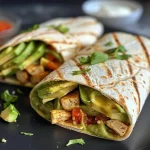 ['Close-up of juicy avocado chicken wraps on a plate, showcasing fresh ingredients.', 'Side view of avocado chicken wraps filled with diced chicken and avocado, garnished with herbs.', 'Detailed view of a tortilla wrap filled with avocado, chicken, and creamy sauce, ready to serve.', 'Colorful presentation of healthy avocado chicken wraps with vibrant greens and textures.']