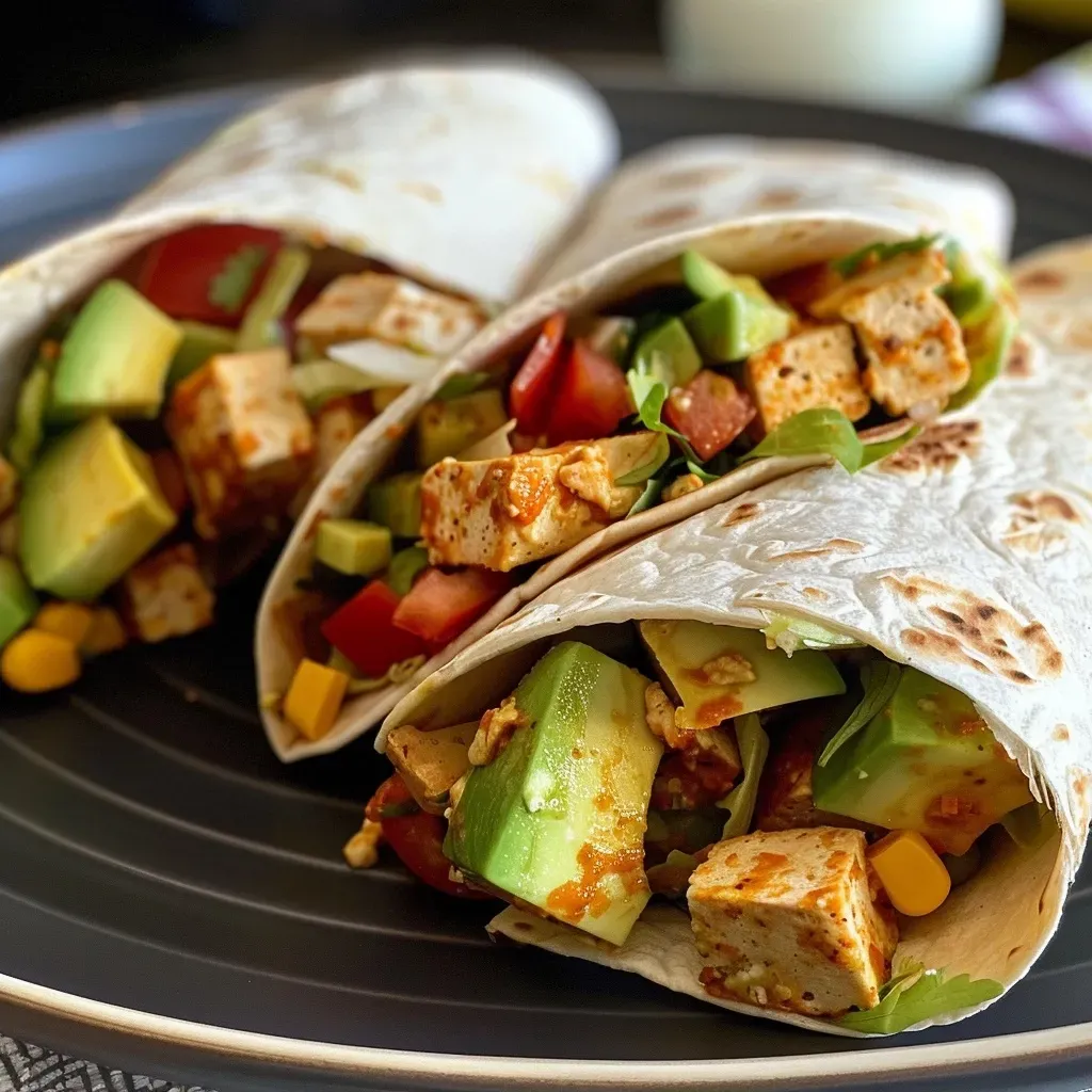 ['Close-up of juicy avocado chicken wraps on a plate, showcasing fresh ingredients.', 'Side view of avocado chicken wraps filled with diced chicken and avocado, garnished with herbs.', 'Detailed view of a tortilla wrap filled with avocado, chicken, and creamy sauce, ready to serve.', 'Colorful presentation of healthy avocado chicken wraps with vibrant greens and textures.']