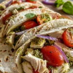 ['Juicy Bruschetta Chicken Pesto Wraps filled with colorful ingredients.', 'Side view of a vibrant Bruschetta Chicken Pesto Wrap showcasing fresh toppings.', 'Close-up of a tortilla wrap overflowing with chicken, pesto, and tomatoes.', 'Delicious Bruschetta Chicken Pesto Wrap with visible layers of ingredients.']