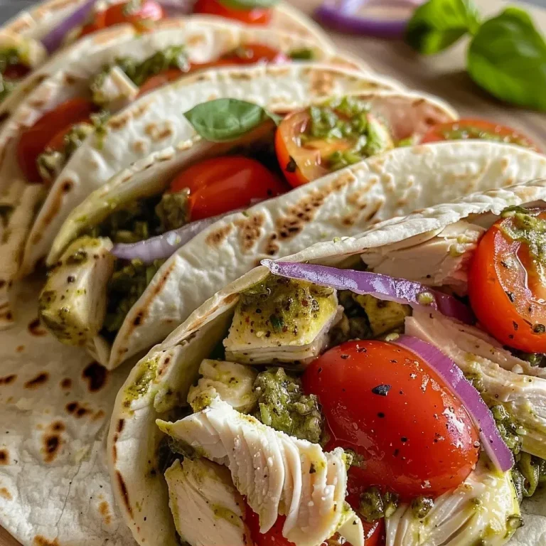 ['Juicy Bruschetta Chicken Pesto Wraps filled with colorful ingredients.', 'Side view of a vibrant Bruschetta Chicken Pesto Wrap showcasing fresh toppings.', 'Close-up of a tortilla wrap overflowing with chicken, pesto, and tomatoes.', 'Delicious Bruschetta Chicken Pesto Wrap with visible layers of ingredients.']
