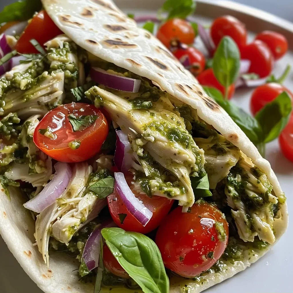 ['Juicy Bruschetta Chicken Pesto Wraps filled with colorful ingredients.', 'Side view of a vibrant Bruschetta Chicken Pesto Wrap showcasing fresh toppings.', 'Close-up of a tortilla wrap overflowing with chicken, pesto, and tomatoes.', 'Delicious Bruschetta Chicken Pesto Wrap with visible layers of ingredients.']