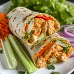 ['Close-up view of Buffalo Ranch Chicken Wraps filled with chicken, lettuce, and cheese.', 'Side view of a Buffalo Ranch Chicken Wrap showcasing vibrant ingredients like celery and carrots.', 'Juicy Buffalo Ranch Chicken Wrap cut in half, revealing colorful fillings and drizzled sauce.', 'A delicious Buffalo Ranch Chicken Wrap on a plate, highlighting its fresh ingredients and texture.']