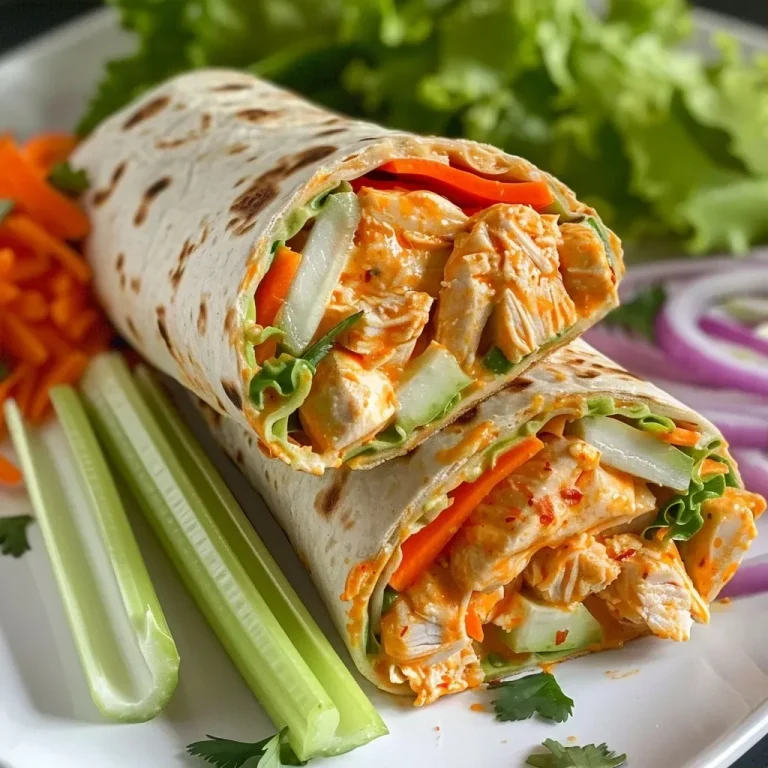 ['Close-up view of Buffalo Ranch Chicken Wraps filled with chicken, lettuce, and cheese.', 'Side view of a Buffalo Ranch Chicken Wrap showcasing vibrant ingredients like celery and carrots.', 'Juicy Buffalo Ranch Chicken Wrap cut in half, revealing colorful fillings and drizzled sauce.', 'A delicious Buffalo Ranch Chicken Wrap on a plate, highlighting its fresh ingredients and texture.']