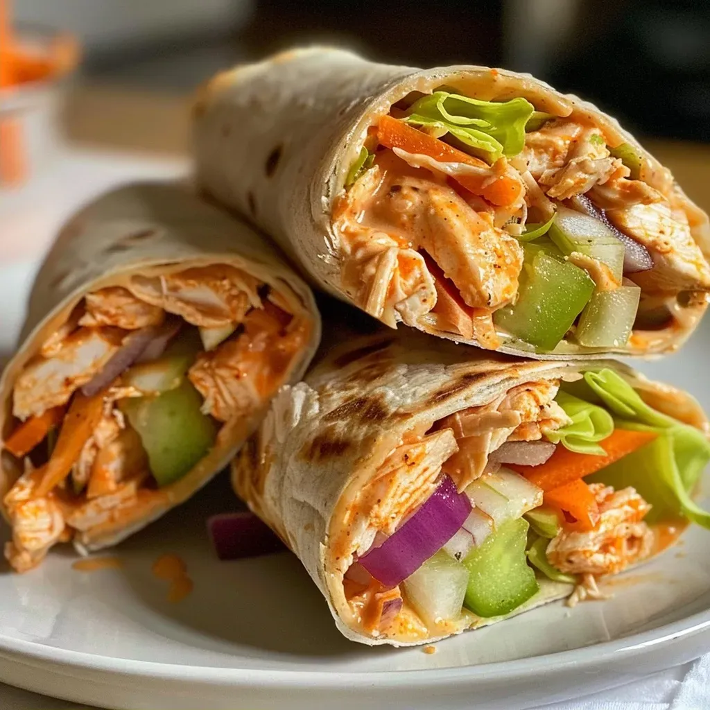 ['Close-up view of Buffalo Ranch Chicken Wraps filled with chicken, lettuce, and cheese.', 'Side view of a Buffalo Ranch Chicken Wrap showcasing vibrant ingredients like celery and carrots.', 'Juicy Buffalo Ranch Chicken Wrap cut in half, revealing colorful fillings and drizzled sauce.', 'A delicious Buffalo Ranch Chicken Wrap on a plate, highlighting its fresh ingredients and texture.']