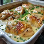 ['Close-up view of a creamy chicken casserole with a golden topping.', 'Side view of a delicious chicken casserole surrounded by herbs and spices.', 'Juicy chicken casserole in a baking dish, showing layers of ingredients.', 'Freshly baked creamy chicken casserole, garnished with parsley.']