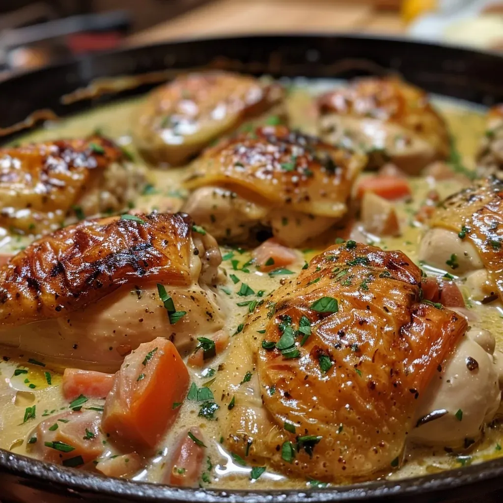 ['Close-up view of a creamy chicken casserole with a golden topping.', 'Side view of a delicious chicken casserole surrounded by herbs and spices.', 'Juicy chicken casserole in a baking dish, showing layers of ingredients.', 'Freshly baked creamy chicken casserole, garnished with parsley.']