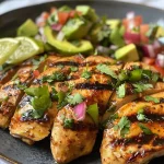 ['A close-up side view of succulent cilantro lime chicken topped with vibrant avocado salsa.', 'Juicy cilantro lime chicken served with fresh avocado salsa and a sprinkle of cilantro.', 'Tender grilled chicken marinated in lime and cilantro, accompanied by colorful avocado salsa.', 'A plate showcasing cilantro lime chicken alongside diced avocado salad and lime wedges.']