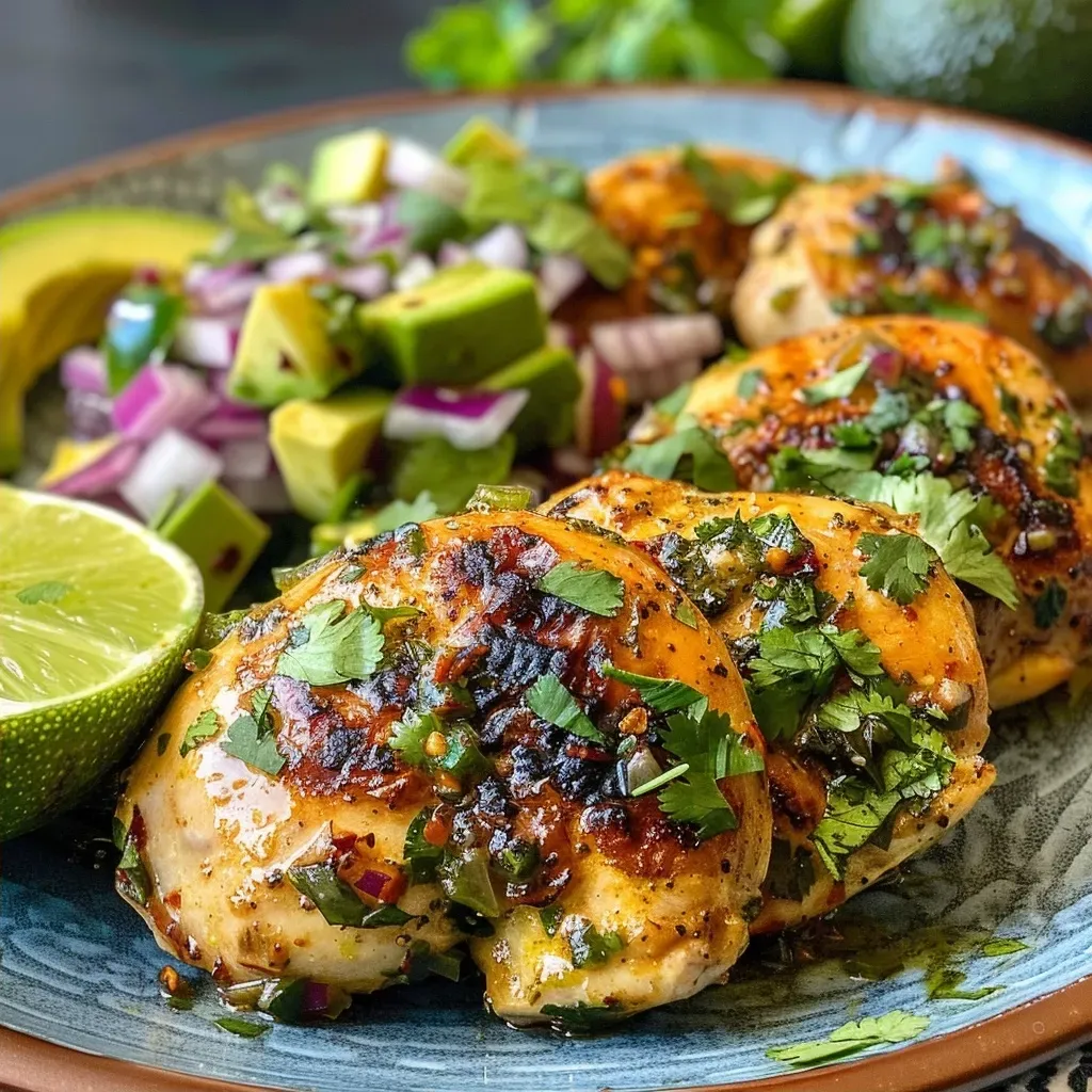 ['A close-up side view of succulent cilantro lime chicken topped with vibrant avocado salsa.', 'Juicy cilantro lime chicken served with fresh avocado salsa and a sprinkle of cilantro.', 'Tender grilled chicken marinated in lime and cilantro, accompanied by colorful avocado salsa.', 'A plate showcasing cilantro lime chicken alongside diced avocado salad and lime wedges.']