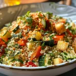 ['Close-up view of a colorful Couscous salad with chicken, featuring vibrant bell peppers and zucchini.', 'Side perspective of a tasty Couscous dish topped with grilled chicken, showcasing fresh vegetables.', 'Detailed close-up of a salad made with couscous, chicken, and assorted vegetables in a bowl.', 'Vibrant Couscous salad with diced chicken, featuring red and yellow peppers, and garnished with parsley.']