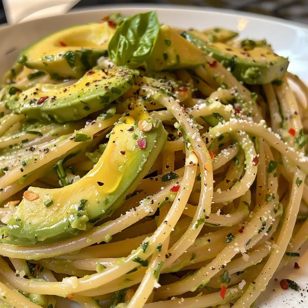 ['Close-up view of creamy avocado pasta topped with diced chicken and garnished with fresh herbs.', 'Side view of a bowl filled with creamy avocado pasta, cherry tomatoes, and green herbs on top.', 'Detailed shot of a pasta dish featuring avocado sauce, roasted cherry tomatoes, and a sprinkle of parmesan.', 'Vibrant close-up of creamy avocado pasta with chunks of chicken, fresh basil, and olive oil drizzle.']