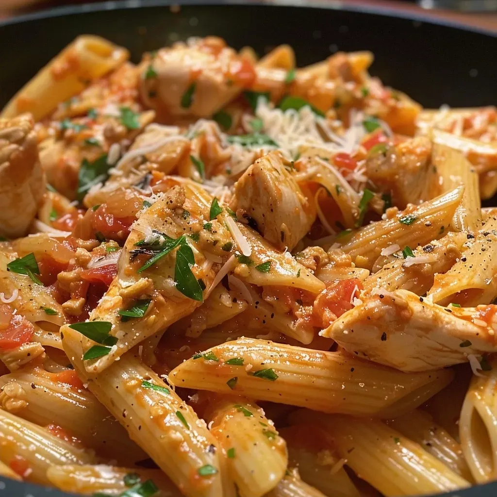['Close-up view of creamy chicken penne arrabbiata topped with fresh herbs.', 'Juicy diced chicken and penne pasta in a vibrant arrabbiata sauce.', 'A side view of creamy chicken penne arrabbiata with garlic and onion visible.', 'Dish of penne arrabbiata featuring chicken, tomatoes, and creamy sauce.']