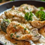 ['Close-up of creamy garlic chicken rice bowl with broccoli and parsley.', 'Side view of a rice bowl featuring chicken, garlic sauce, and steamed broccoli.', 'Juicy chicken pieces in a creamy sauce over rice, garnished with parsley.', 'Bowl of creamy garlic chicken with rice and vibrant green broccoli florets.']