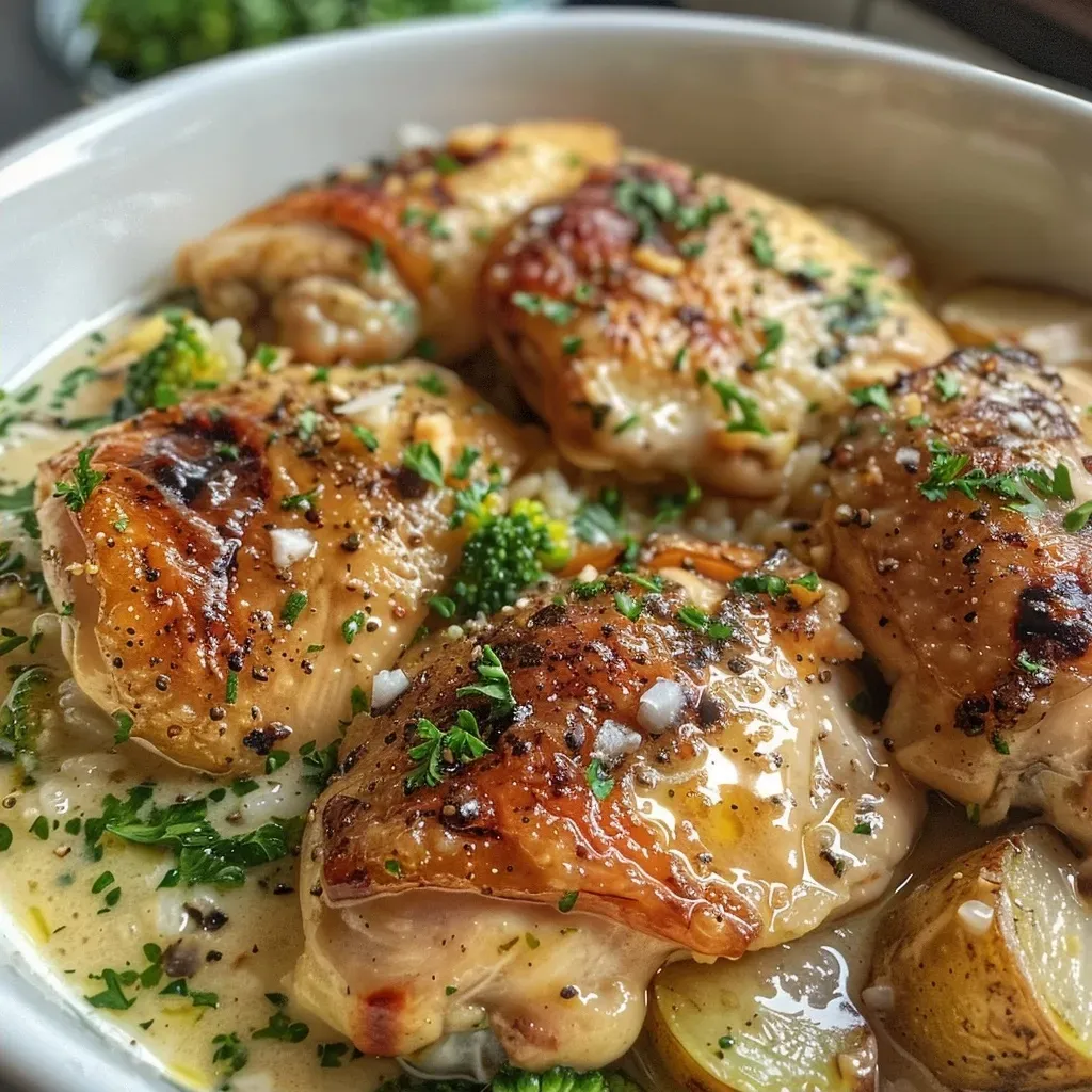 ['Close-up of creamy garlic chicken rice bowl with broccoli and parsley.', 'Side view of a rice bowl featuring chicken, garlic sauce, and steamed broccoli.', 'Juicy chicken pieces in a creamy sauce over rice, garnished with parsley.', 'Bowl of creamy garlic chicken with rice and vibrant green broccoli florets.']