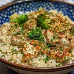 ['A close-up view of a creamy garlic chicken rice bowl garnished with parsley.', 'Juicy pieces of chicken in a creamy sauce served over rice with broccoli.', 'A delicious rice bowl featuring garlic chicken, creamy sauce, and steamed broccoli.', 'Side view of a rich and creamy garlic chicken rice bowl with fresh parsley on top.']