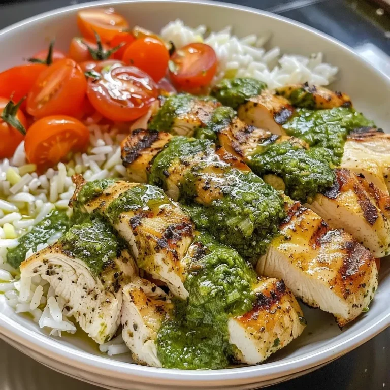 ['A creamy pesto chicken rice bowl adorned with cherry tomatoes and spinach.', 'Close-up view of a rice bowl featuring tender chicken, pesto sauce, and vibrant vegetables.', 'A delicious bowl of chicken with creamy pesto over rice, garnished with fresh basil and tomatoes.', 'Side view of a flavorful pesto chicken rice bowl with colorful ingredients and a creamy texture.']