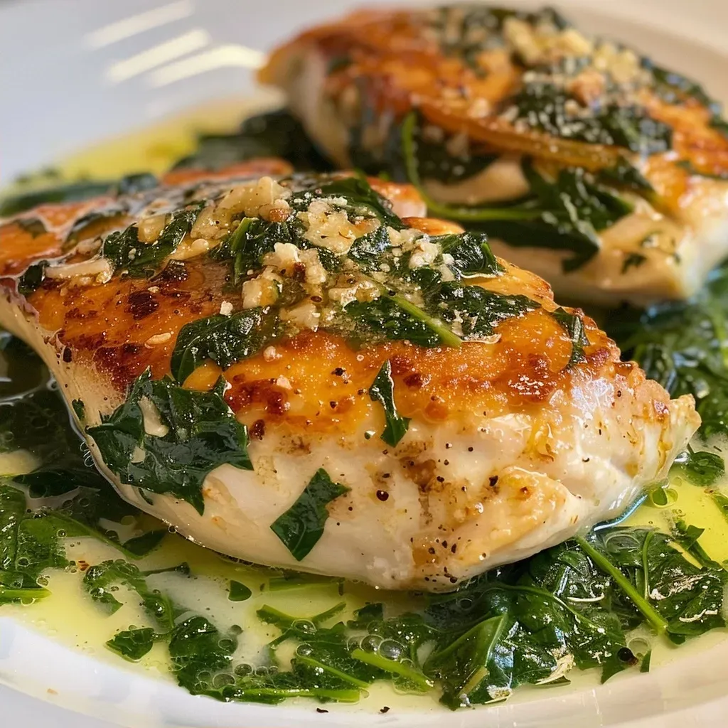 ['Close-up view of creamy chicken with spinach in a pan.', 'Juicy chicken breast fillets cooked with fresh spinach and cream.', 'Side view of a skillet filled with delicious creamy chicken and spinach.', 'A vibrant dish featuring chicken, spinach, and creamy sauce in a frying pan.']