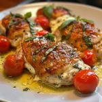 ['Close-up of a creamy chicken and tomato bake with juicy chicken breast and cherry tomatoes.', 'Side view of baked chicken with cream cheese, cherry tomatoes, and fresh basil.', 'Delicious dish featuring creamy chicken, whole cherry tomatoes, and garlic.', 'Rich and colorful chicken bake topped with herbs, tomatoes, and creamy sauce.']