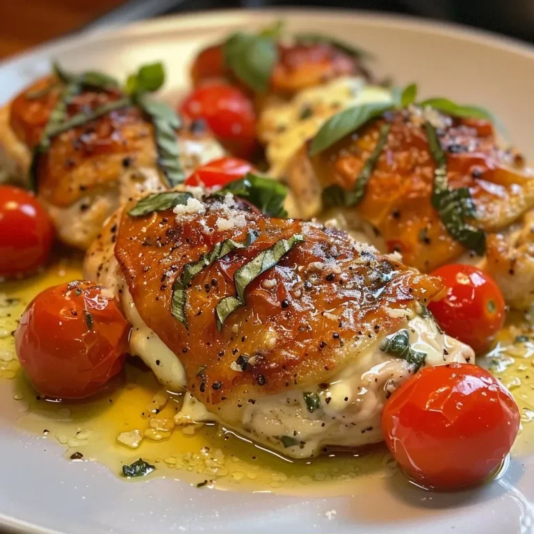 ['Close-up of a creamy chicken and tomato bake with juicy chicken breast and cherry tomatoes.', 'Side view of baked chicken with cream cheese, cherry tomatoes, and fresh basil.', 'Delicious dish featuring creamy chicken, whole cherry tomatoes, and garlic.', 'Rich and colorful chicken bake topped with herbs, tomatoes, and creamy sauce.']