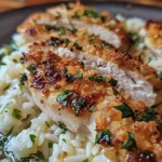 ['Close-up of creamy herb chicken served with Basmati rice.', 'Juicy herb chicken alongside fluffy Basmati rice.', 'A plate featuring Cremiges Kräuter-Hühnchen and Basmati rice.', 'Side view of tender chicken in a creamy herb sauce with rice.']