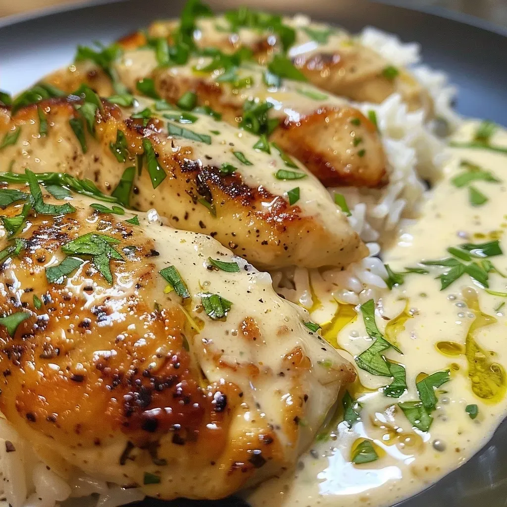 ['Close-up of creamy herb chicken served with Basmati rice.', 'Juicy herb chicken alongside fluffy Basmati rice.', 'A plate featuring Cremiges Kräuter-Hühnchen and Basmati rice.', 'Side view of tender chicken in a creamy herb sauce with rice.']