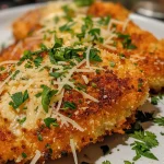 ['Close-up side view of creamy Parmesan chicken topped with herbs.', 'Juicy chicken breasts coated in a creamy Parmesan sauce, garnished.', 'Side view of baked chicken with a rich, creamy cheese sauce.', 'Creamy Parmesan chicken with a golden crust and fresh herbs.']