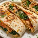 ['Close-up view of crispy air fryer wraps filled with chicken, cheese, and spinach.', 'Side view of juicy chicken wraps with melted cheese and fresh spinach in a flour tortilla.', 'Deliciously crispy air fryer wraps showcasing golden-brown tortillas and savory ingredients.', 'Appetizing air fryer chicken wraps filled with cheese and spinach on a wooden platter.']