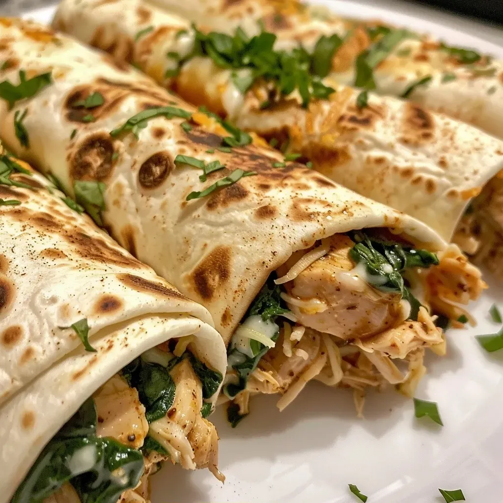 ['Close-up view of crispy air fryer wraps filled with chicken, cheese, and spinach.', 'Side view of juicy chicken wraps with melted cheese and fresh spinach in a flour tortilla.', 'Deliciously crispy air fryer wraps showcasing golden-brown tortillas and savory ingredients.', 'Appetizing air fryer chicken wraps filled with cheese and spinach on a wooden platter.']
